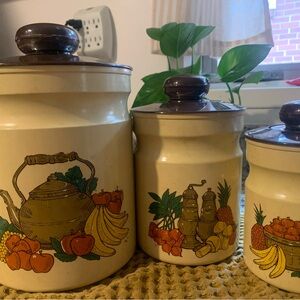 Vintage Kitchen Canister Set with Brown Lids